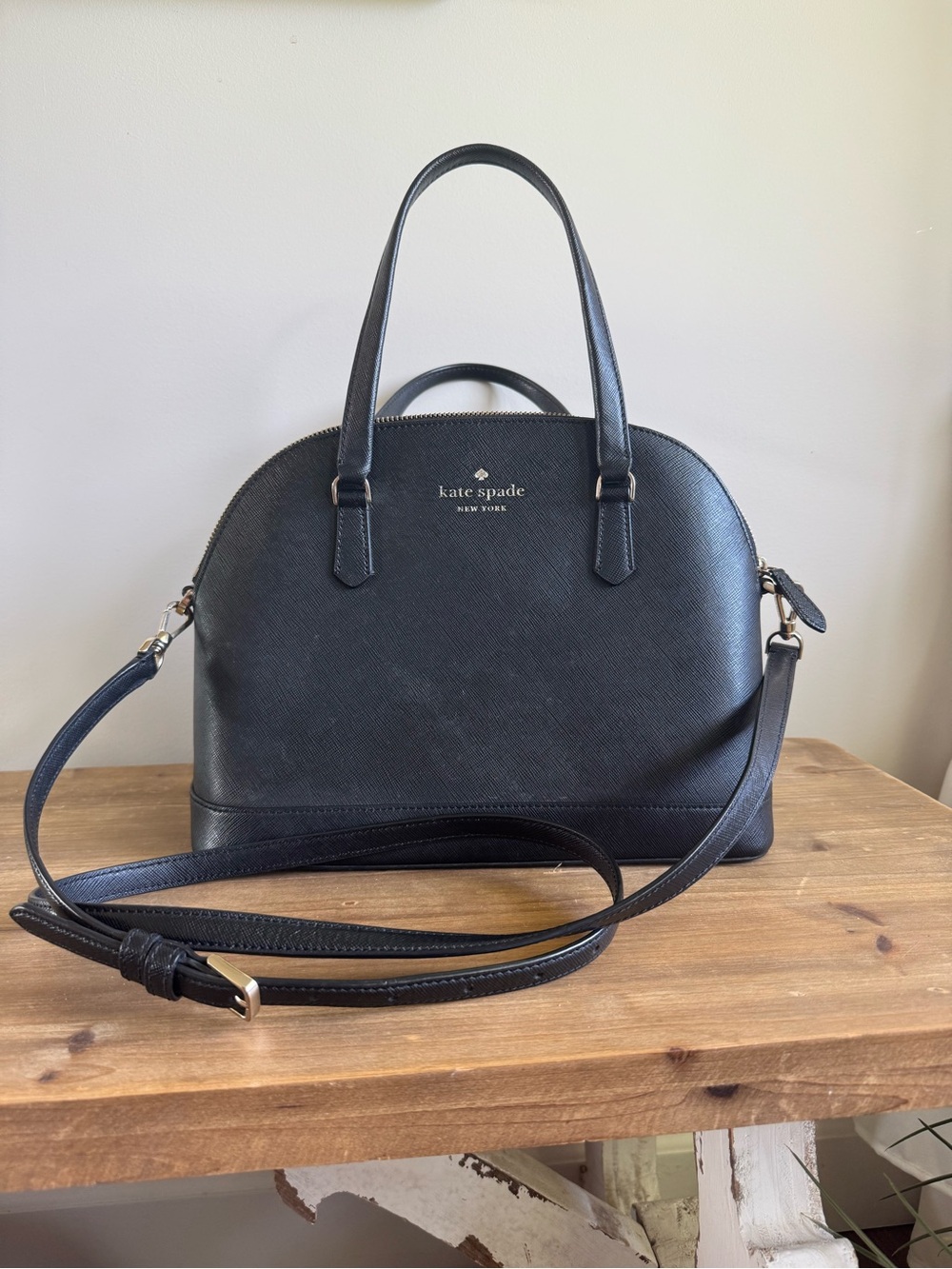 kate spade black Saffiano leather dome satchel with crossbody strap